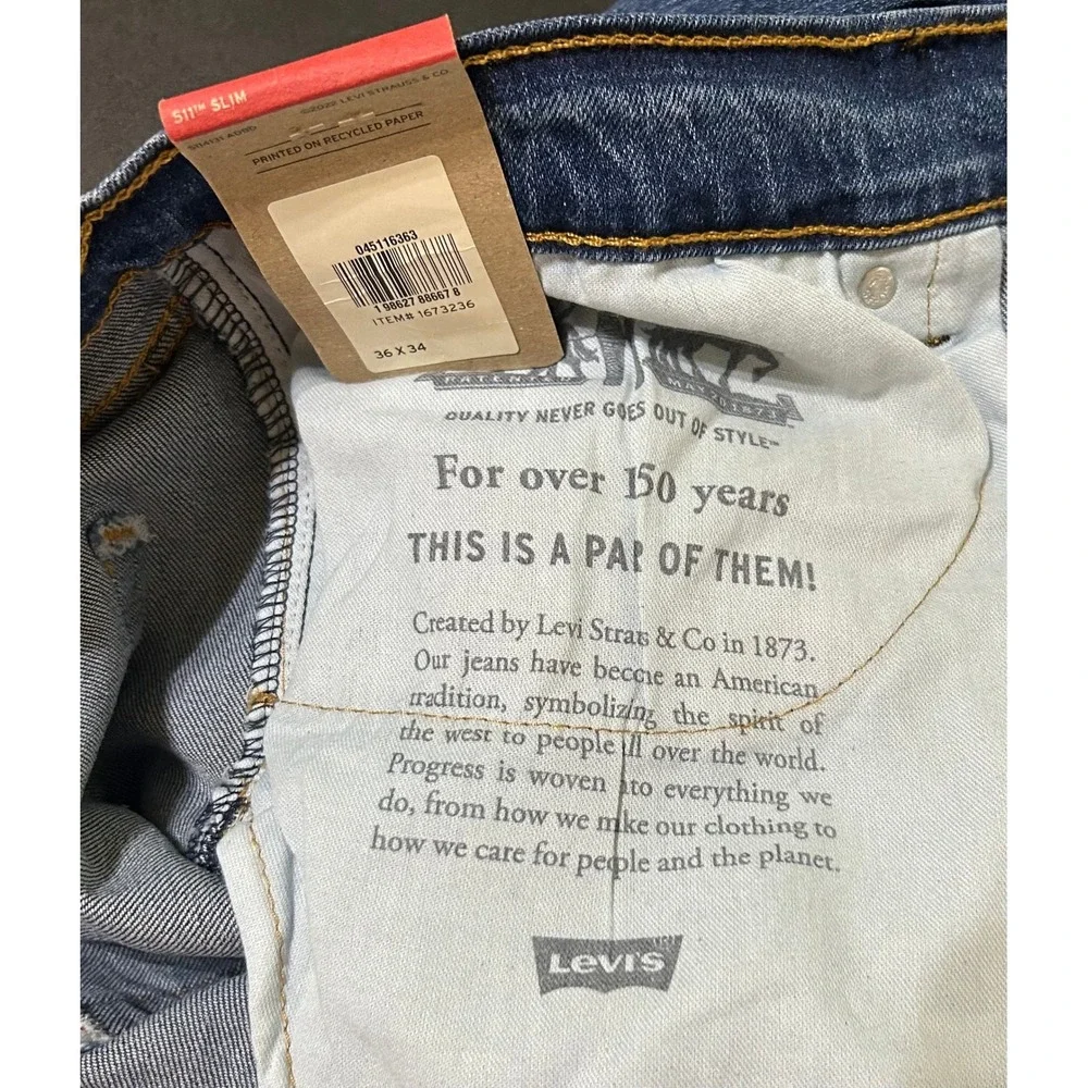 Levi's 511 Slim Jeans Mens 36x34 Blue Stretch Denim NEW Classic Casual Workwear